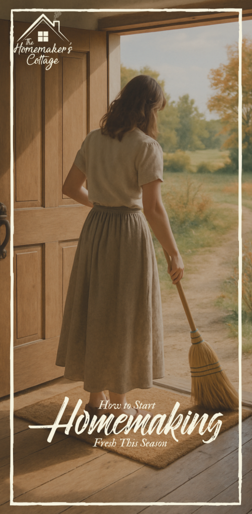 Woman sweeping cottage entryway - fresh homemaking reset